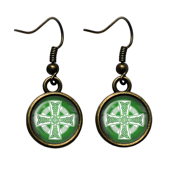 Celtic Cross White on Green Antique Bronze Earrings
