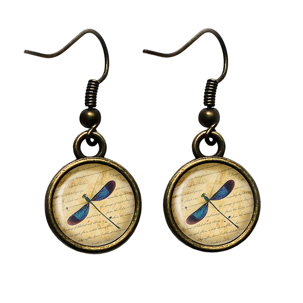 Blue Dragonfly on Parchment Antique Bronze Earrings