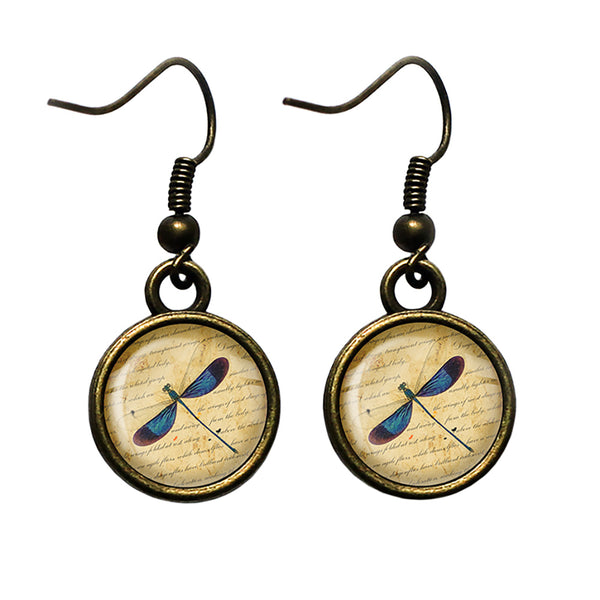 Blue Dragonfly on Parchment Antique Bronze Earrings