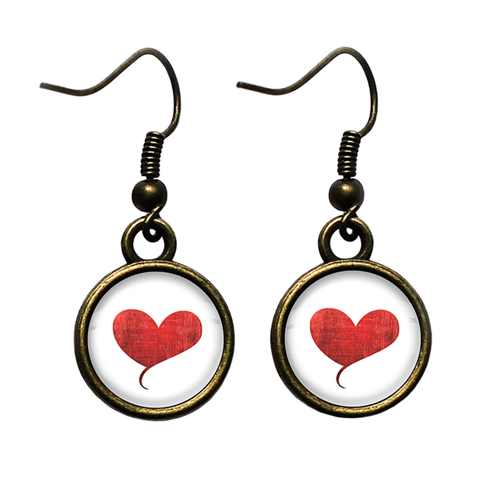 Red Valentines Love Heart Antique Bronze Earrings
