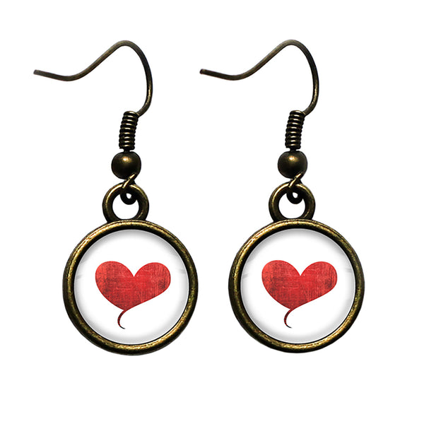 Red Valentines Love Heart Antique Bronze Earrings