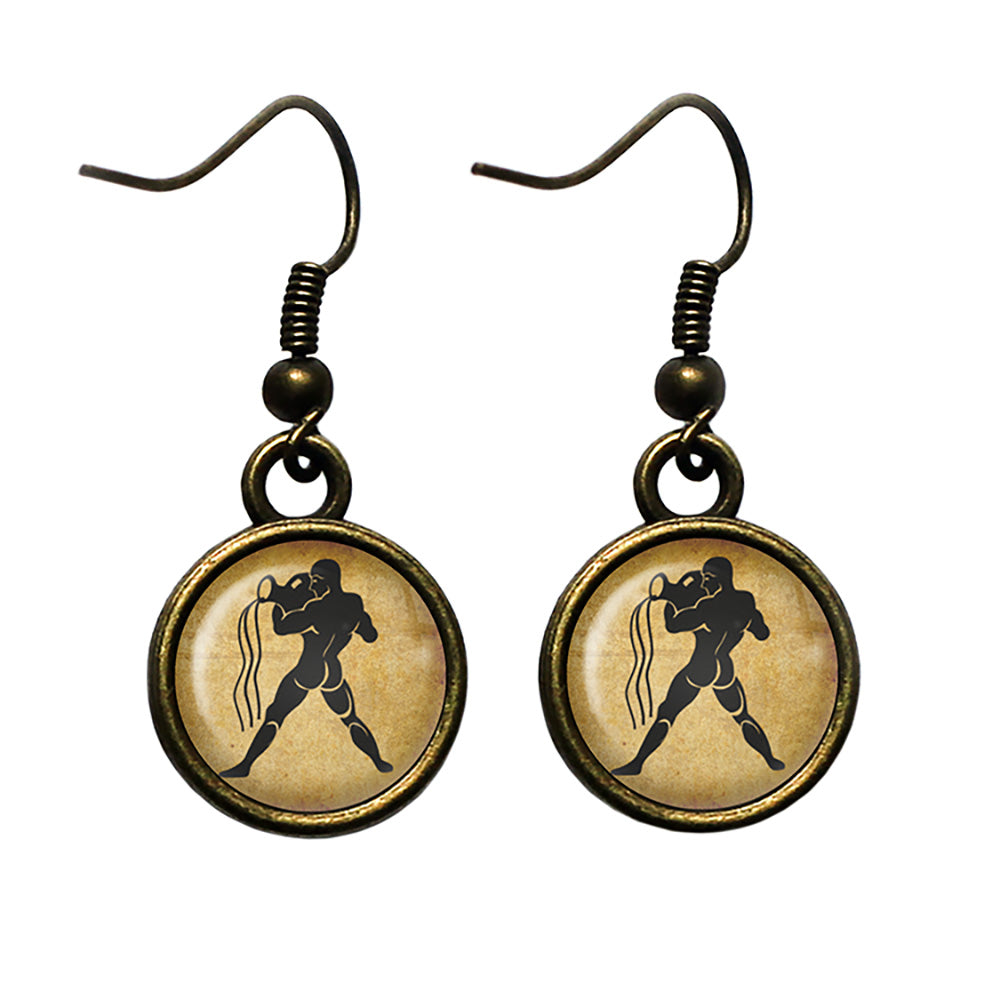 Zodiac Symbol Astrology Aquarius Antique Bronze Earrings