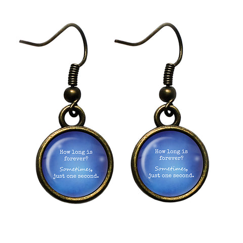 Alice in Wonderland How Long is forever Just One Second Blue Antique Bronze Earrings