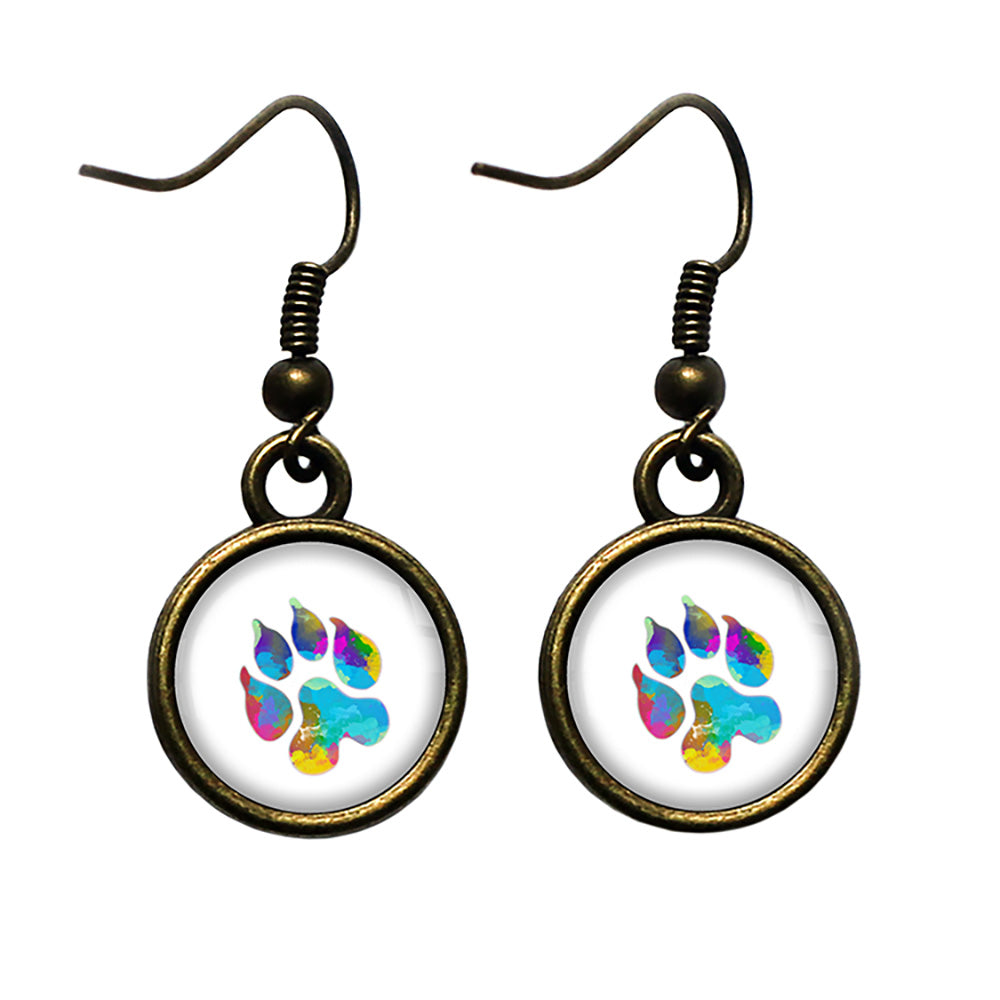 Leopard Paw Print Rainbow Watercolor Antique Bronze Earrings