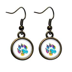 Leopard Paw Print Rainbow Watercolor Antique Bronze Earrings