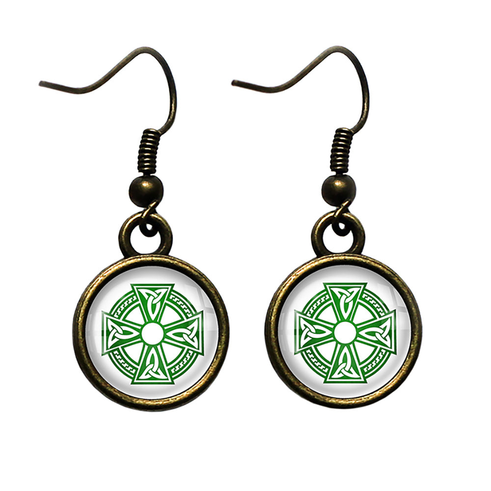 Celtic Symbol Triquetras Green on White Antique Bronze Earrings
