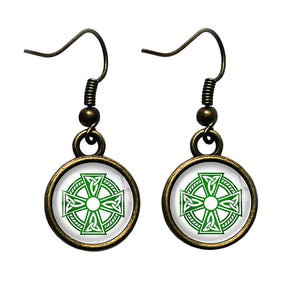 Celtic Symbol Triquetras Green on White Antique Bronze Earrings