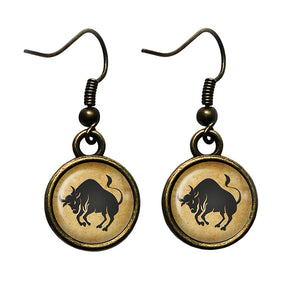 Zodiac Symbol Astrology Taurus Antique Bronze Earrings