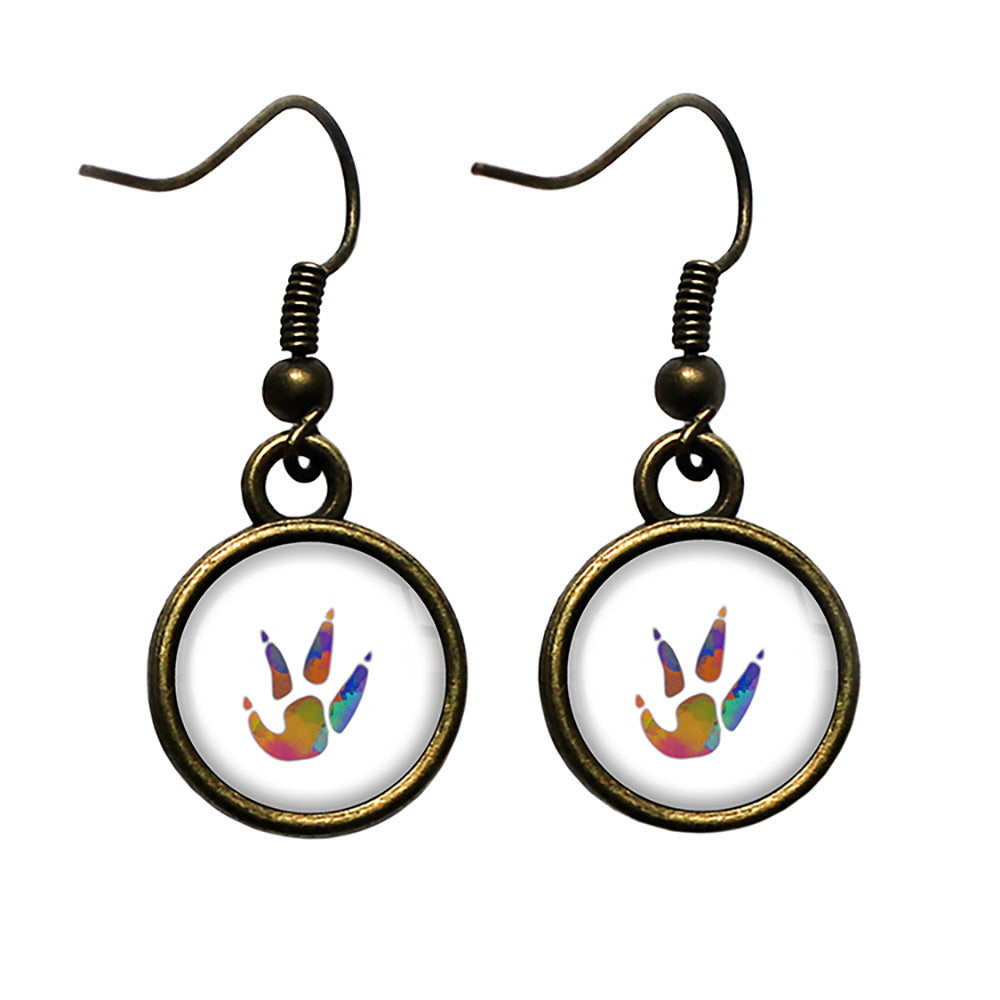 Chicken Paw Print Rainbow Watercolor Antique Bronze Earrings