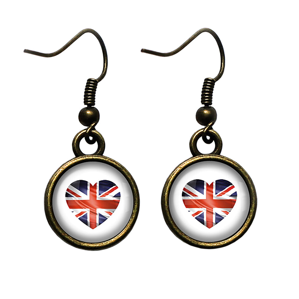 UK United Kingdom Flag Heart Antique Bronze Earrings