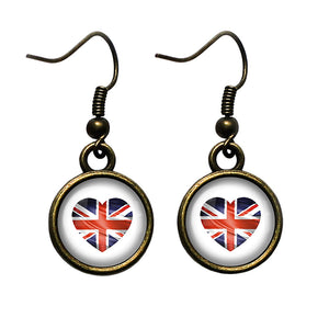 UK United Kingdom Flag Heart Antique Bronze Earrings