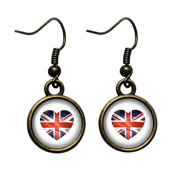 UK United Kingdom Flag Heart Antique Bronze Earrings