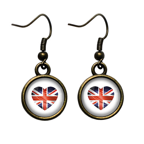 UK United Kingdom Flag Heart Antique Bronze Earrings
