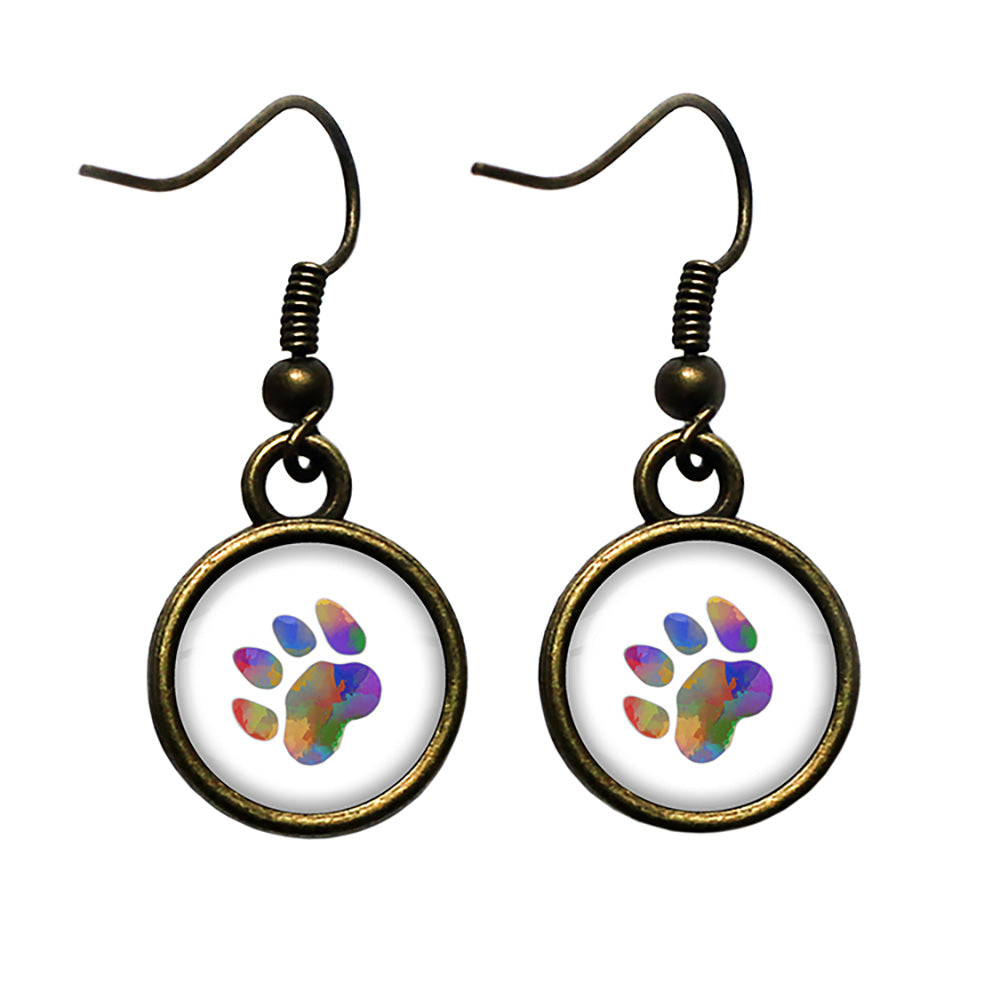 Cat Paw Print Rainbow Watercolor Antique Bronze Earrings