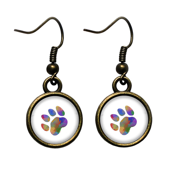 Cat Paw Print Rainbow Watercolor Antique Bronze Earrings