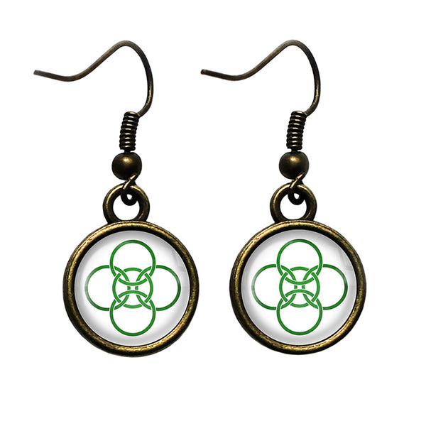 Celtic Five Fold Circle Green on White Antique Bronze Earrings