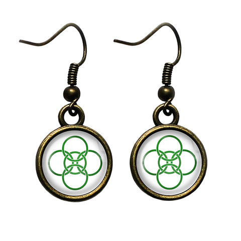 Celtic Five Fold Circle Green on White Antique Bronze Earrings