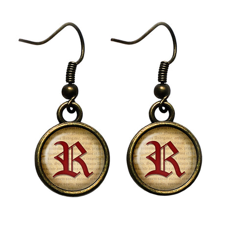 R Letter Old English Gothic Blackletter Magna Carta Antique Bronze Earrings
