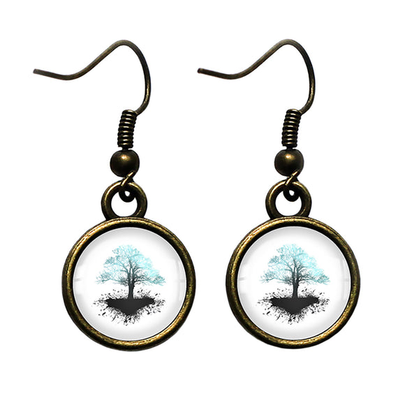 Lightning Blue Grunge Tree of Life Antique Bronze Earrings