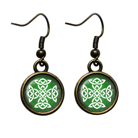 Celtic Knot White on Green Antique Bronze Earrings