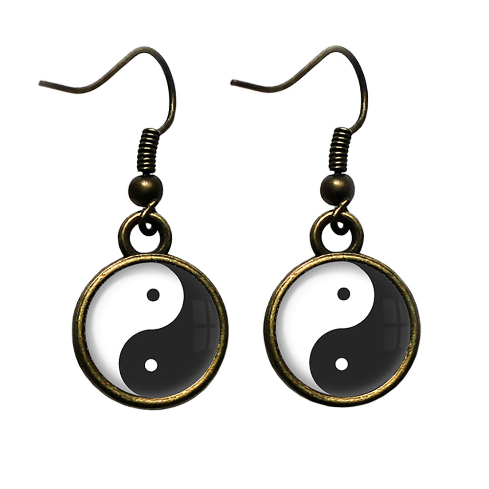 Yin Yang Black White Balance Antique Bronze Earrings