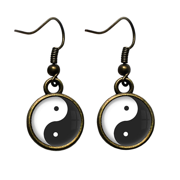 Yin Yang Black White Balance Antique Bronze Earrings