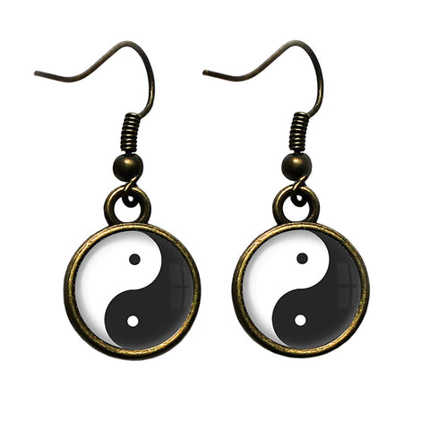 Yin Yang Black White Balance Antique Bronze Earrings