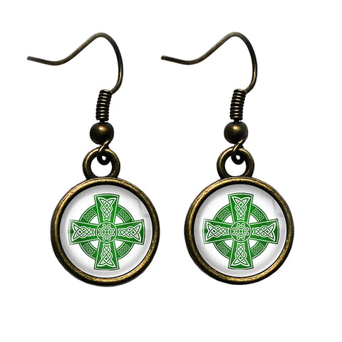 Celtic Cross Green on White Antique Bronze Earrings