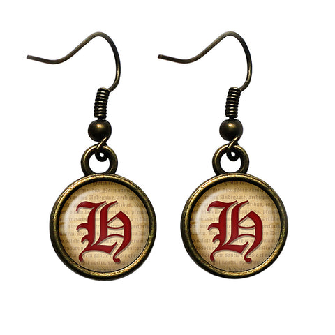 H Letter Old English Gothic Blackletter Magna Carta Antique Bronze Earrings