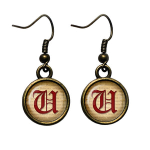 U Letter Old English Gothic Blackletter Magna Carta Antique Bronze Earrings