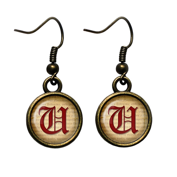 U Letter Old English Gothic Blackletter Magna Carta Antique Bronze Earrings