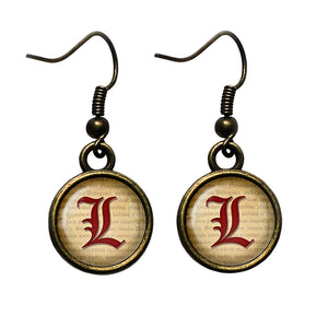 L Letter Old English Gothic Blackletter Magna Carta Antique Bronze Earrings