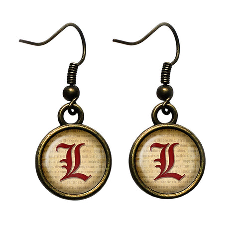 L Letter Old English Gothic Blackletter Magna Carta Antique Bronze Earrings