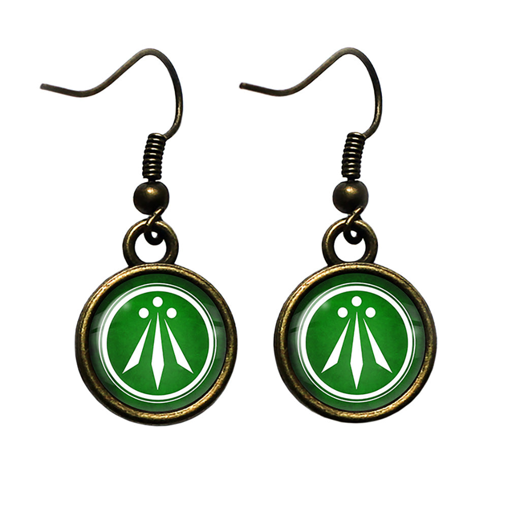 Celtic Symbol The Awen Three Rays of Light Green on White Antique Bronze Earrings