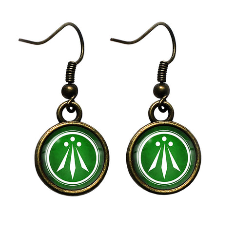 Celtic Symbol The Awen Three Rays of Light Green on White Antique Bronze Earrings