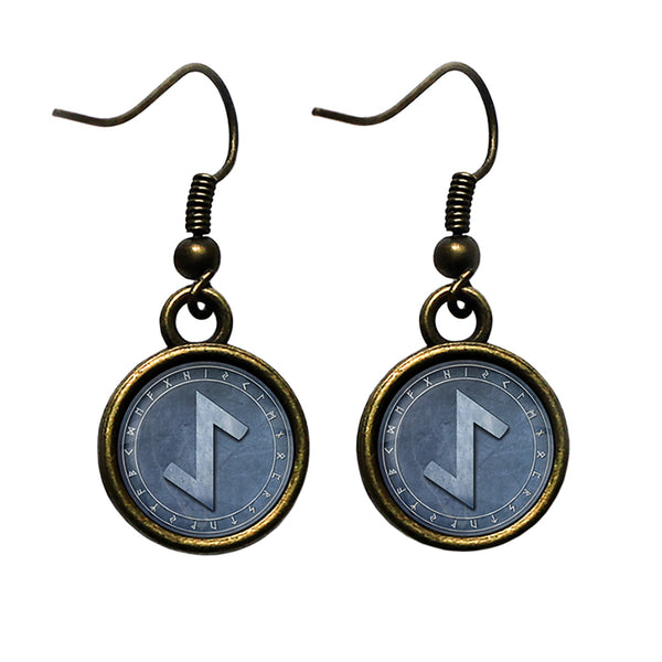 Viking Runes Elder Futhark Rune Circle AE Eihwaz Yew Tree Antique Bronze Earrings