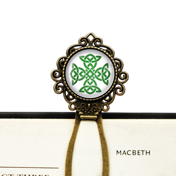 Celtic Knot Cross Green on White Bronze Bookmark