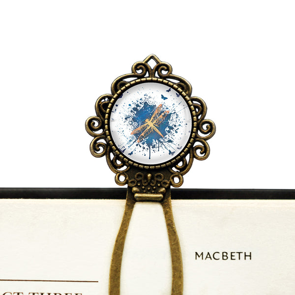 Blue Gold Grunge Dragonfly and Butterflies Bronze Bookmark