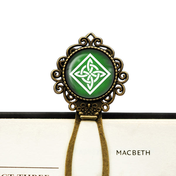 Celtic Knot Square White on Green Bronze Bookmark