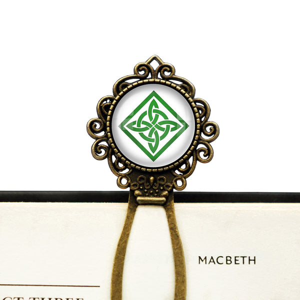 Celtic Knot Square Green on White Bronze Bookmark