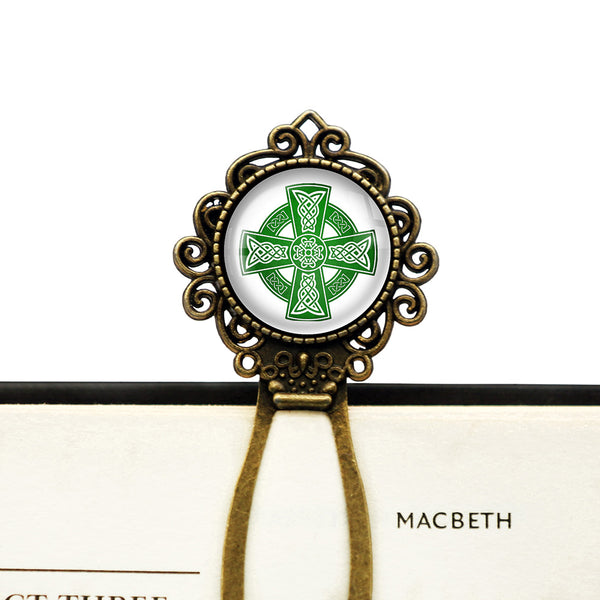 Celtic Cross Green on White Bronze Bookmark