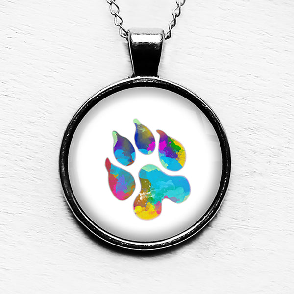 Leopard Paw Print Rainbow Watercolor Pendant & Necklace