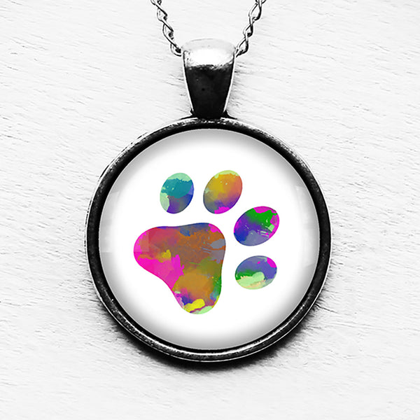 Dog Paw Print Rainbow Watercolor Pendant & Necklace