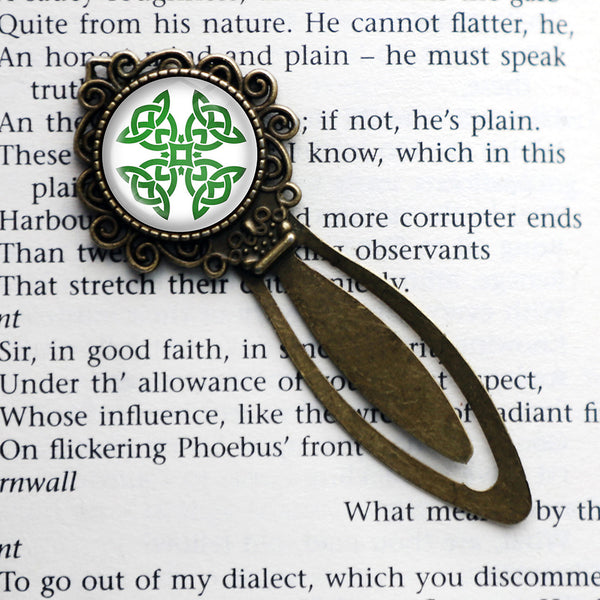 Celtic Knot Cross Green on White Bronze Bookmark