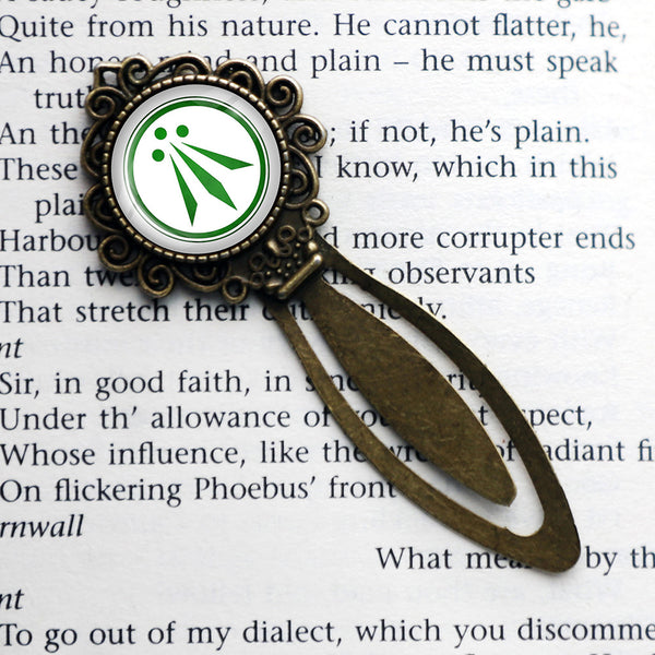 Celtic Symbol The Awen Three Rays of Light White on Green Bronze Bookmark