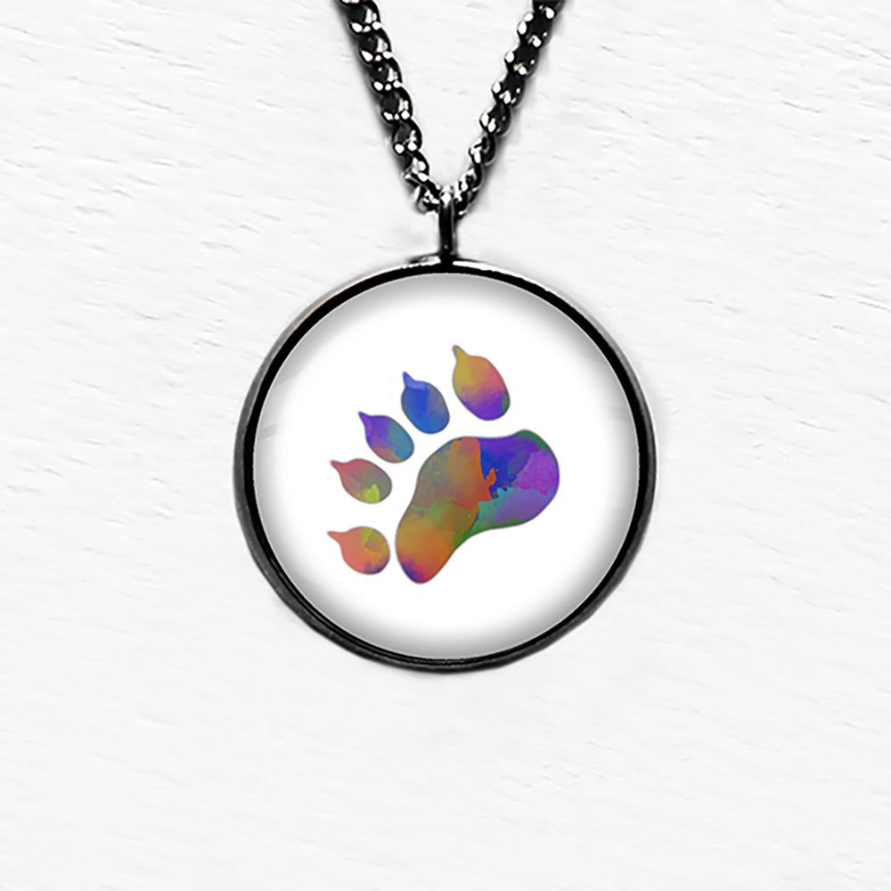 Bear Paw Print Rainbow Watercolor Pendant & Necklace