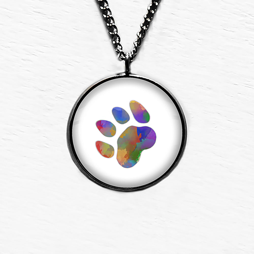 Cat Paw Print Rainbow Watercolor Pendant & Necklace