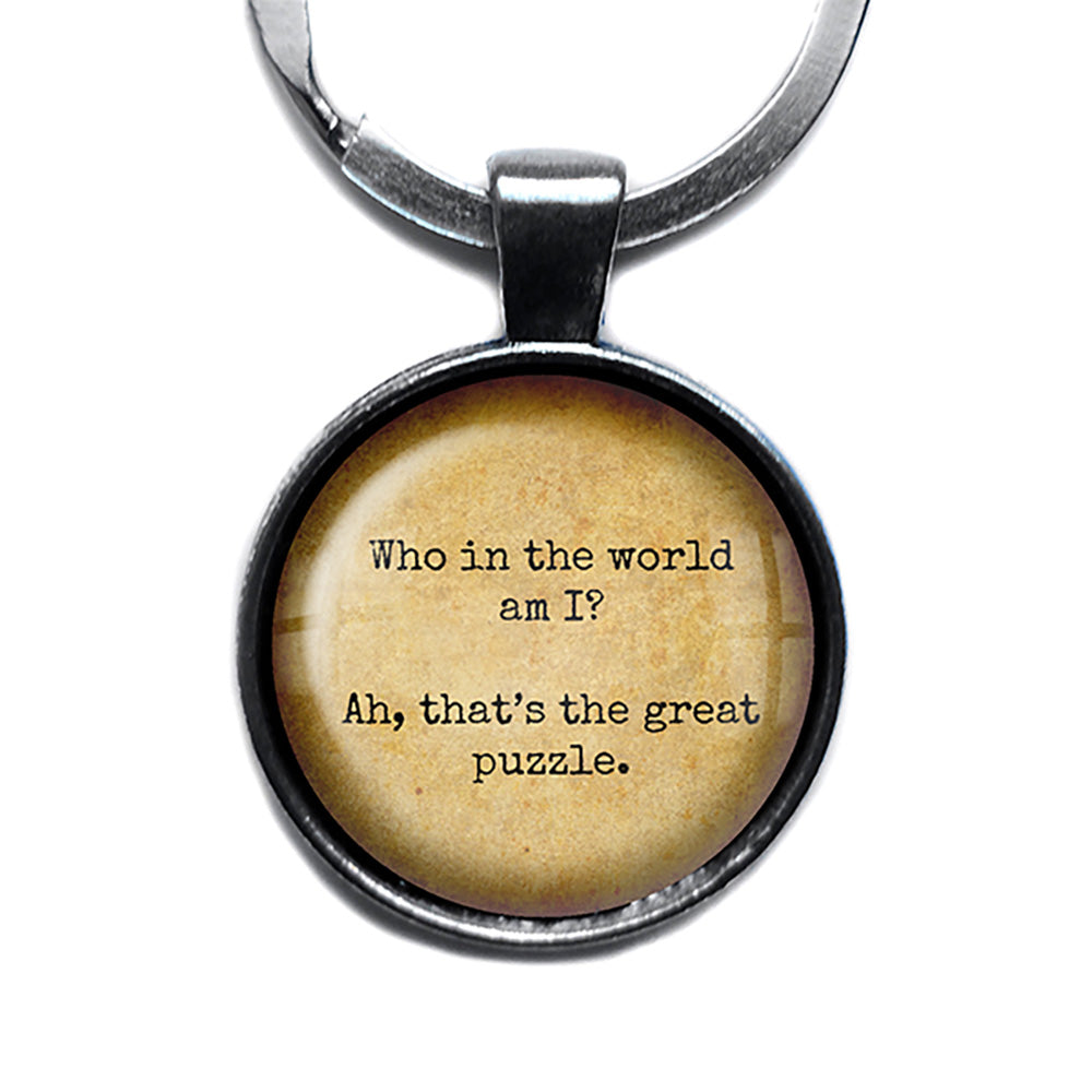 Alice in Wonderland Who in the world am I The Great Puzzle Antique Silver Keychain