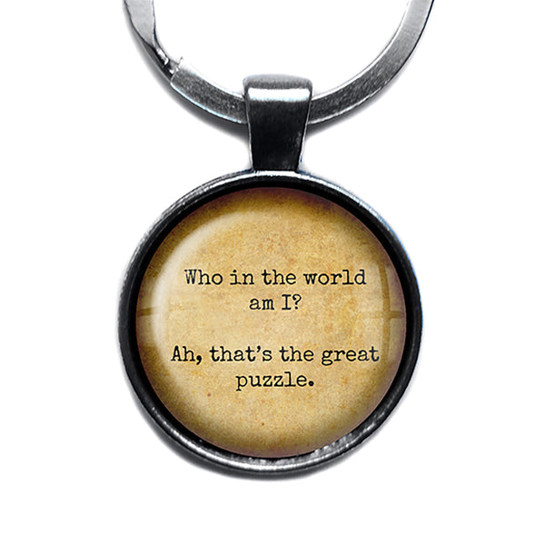 Alice in Wonderland Who in the world am I The Great Puzzle Antique Silver Keychain