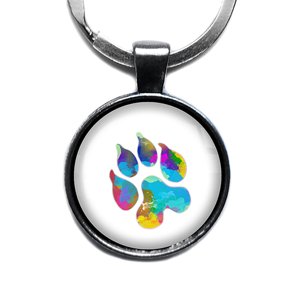 Leopard Paw Print Rainbow Watercolor Antique Silver Keychain